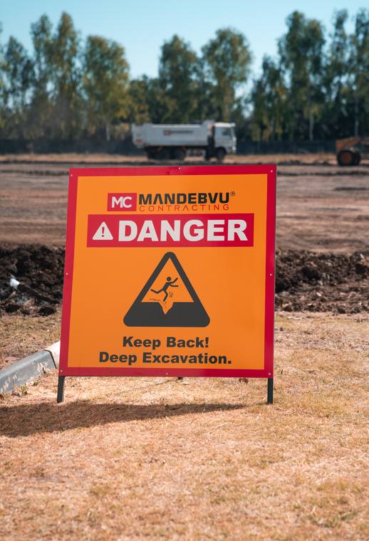 Deep excavation safety signage on site