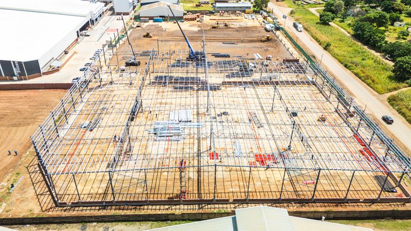 Steel frame on finished platform, aerial