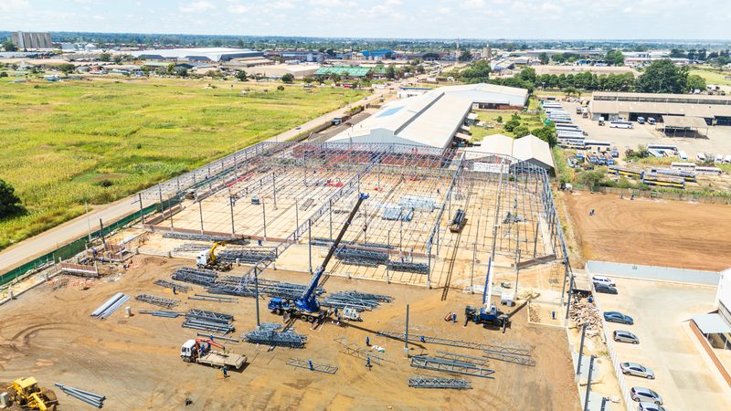 Completed platform with steel frame going up, aerial